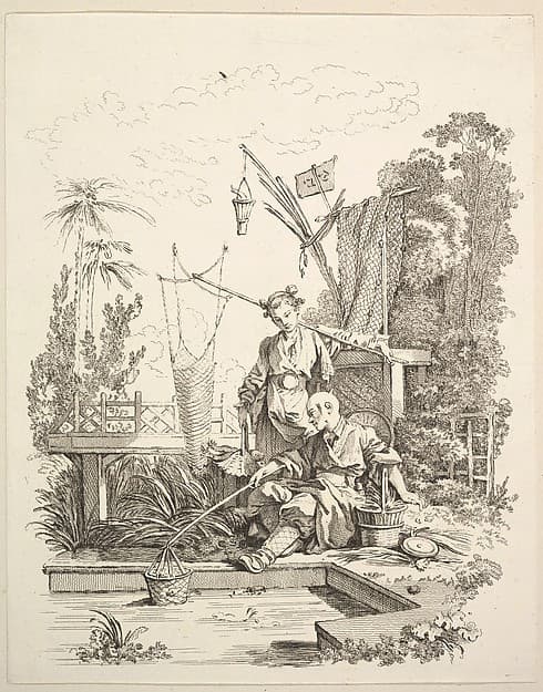 A Chinese Man and Woman Fishing by a Fishpond