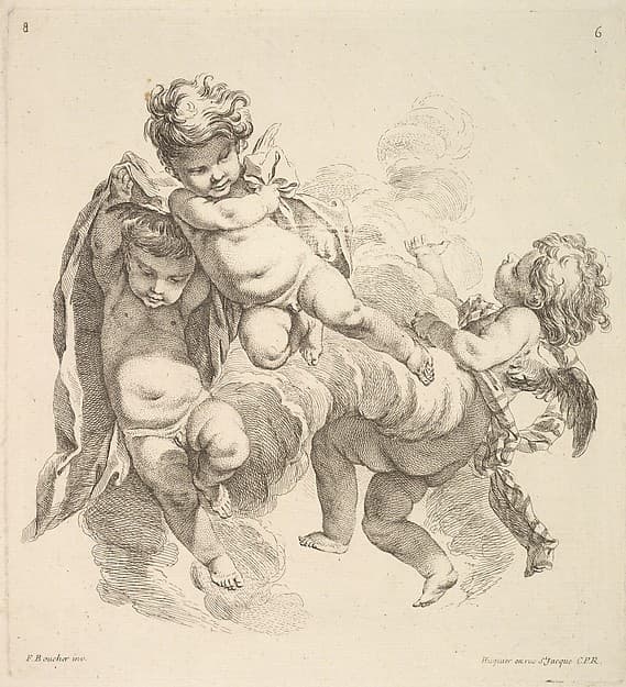 Three Children Among Clouds Carrying a Drapery