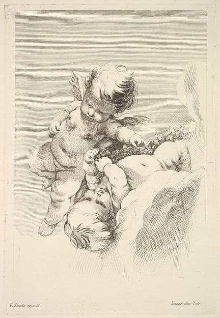 Two Cupids, One Holding a Wreath