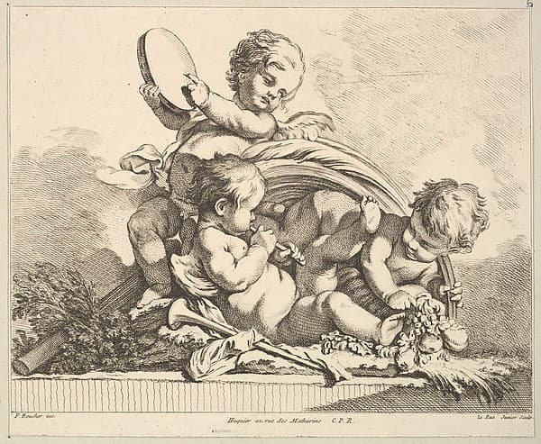 Three Cupids, Two Playing Music, One Holding Palm Leaves