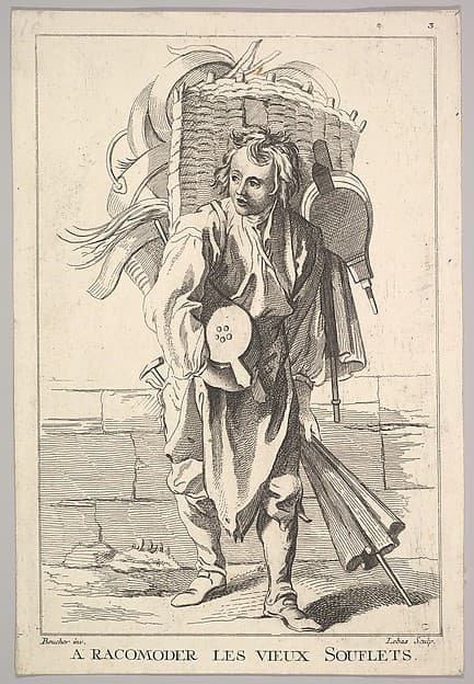 Reverse copy of A Racomoder les Vieux Souflets (Mend the Old Bellows), from Le Cris de Paris (The Cries of Paris), plate 3