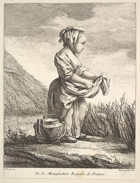 Little girl with a vessel by her feet, from Premier Livre de Figures d'après les porcelaines de la Manufacture Royale de France, inventées en 1757, par Mr. Boucher (First Book of Figures after porcelains from the Manufacture Royale de France, devised in 1757, by Mr. Boucher)