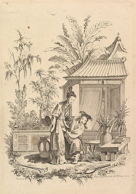 Chinoiserie scene with figures in a landscape
