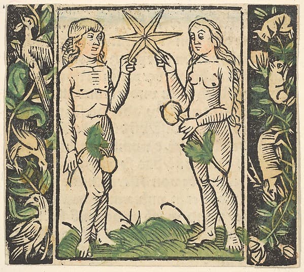 Adam and Eve Holding a Star, illustration from Beschlossen Gart des Rosenkranz Mariae