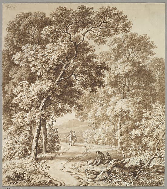 A Path Bordered by Trees with two Beggars and a Couple Strolling