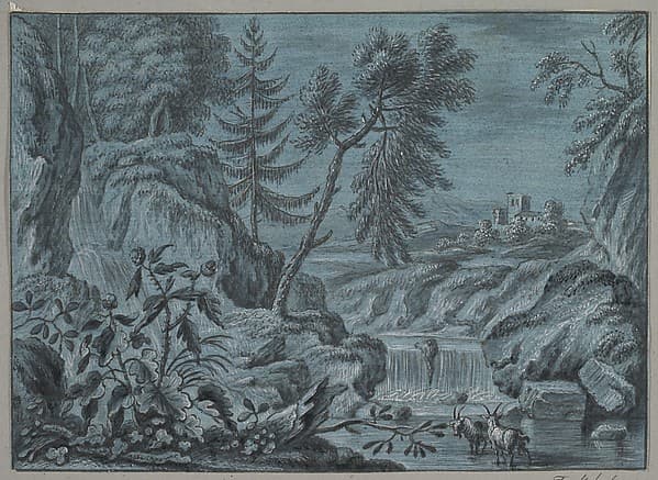 Southern Landscape with a Waterfall and Goats