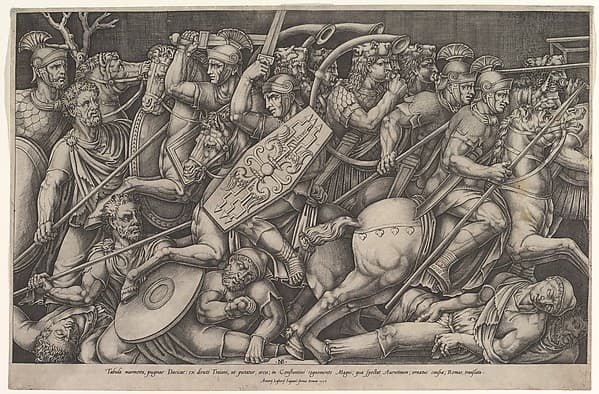 Roman soldiers fighting against Dacians, battle scene in shallow depth with horses and horn-players (after a bas-relief on the Arch of Constantine, Rome)