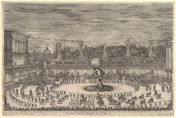 Entry of the prince of Tuscany as Hercules, in front of him a large procession of horsemen and footsoldiers, processing around the large statue of Atlas in center, the Duomo and the Pitti Palace to left in the background, spectators surrounding from all sides, from 'Il mondo festeggiante'