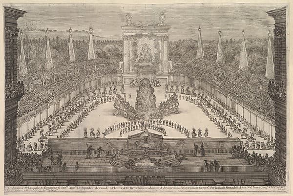 The Prince of Tuscany and his chariots arranged around Mount Atlas in center, a fountain at center in the foreground, a large arch displaying the Medici and the Orleans coats of arms in the background, spectators surrounding all sides, from 'Il mondo festeggiante'