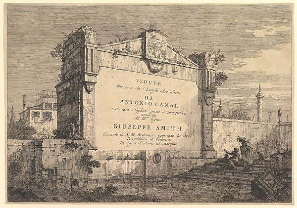 Title plate of 'Vedute altre prese da i luoghi altre ideate', with title and publication information inscribed into a wall plaque at the edge of a canal