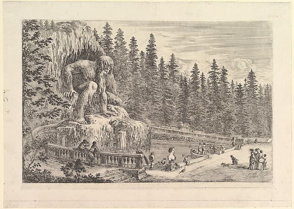 Colossal statue of the Appenino by Giambologna to left, represented as a giant crouching at the entrance of a grotto, ramps to either side, a pond below, various figures, dogs, and birds to right, from 'Views of the villa at Pratolino' (Vues de la villa de Pratolino)