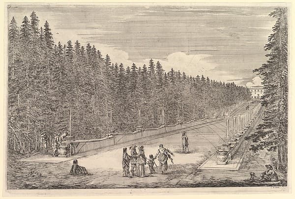 An alley of fountains, a group of people in center, a man and dog seated to right, two men and a woman to left, one of the men tasting the water from the fountain, the villa in background to right, from 'Views of the villa at Pratolino' (Vues de la villa de Pratolino)