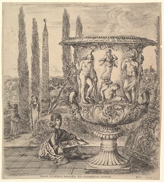 The Medici vase, a large vase to right decorated with a representation of the sacrifice of Iphigenia, on a garden terrace, a teenage boy seated to left with a pen and paper with a drawing of the vase, cyprus trees and an obelisk to left in the background, from 'Six large views, four of Rome, and two of the Roman countryside' (Six grandes vues, dont quatre de Rome et deux de la Campagne romaine)