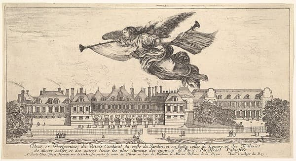 View of the Palais Cardinal, the figure of Fame at top center flying towards the left and playing the trumpet with another trumpet in her left hand, 'Various views of remarkable palaces in Italy and France' (Diverses vues d'endroits remarquables d'Italie et de France)