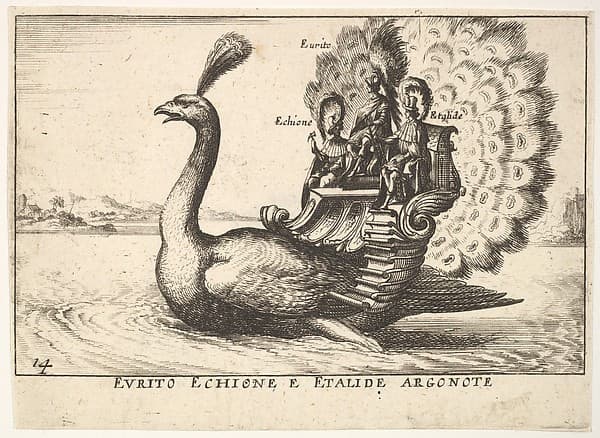 Plate 14: The Argonauts Eurytus, Echion, and Aethalides (Eurito Echione e Etalide Argonote), led by Mercury in the form of a peacock, from the series 'The magnificent pageant on the river Arno in Florence for the marriage of the Grand Duke' (Le Magnifique carousel fait sur le fleuve de l'Arne a Florence, pour le mariage du Grand Duc), for the wedding celebration of Cosimo de' Medici in Florence, 1608