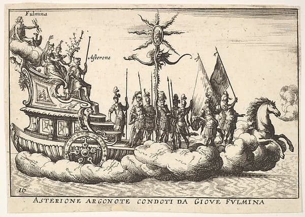 Plate 16: The Argonaut Asterion led by a young figure of lightning (Asterione argonote condoti da Giove fulmina), with two female figures seated between Asterion and the figure of lightning, and a horse enveloped in clouds at the ship's prow, from the series 'The magnificent pageant on the river Arno in Florence for the marriage of the Grand Duke' (Le Magnifique carousel fait sur le fleuve de l'Arne a Florence, pour le mariage du Grand Duc), for the wedding celebration of Cosimo de' Medici in Florence, 1608