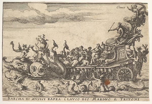 Plate 16: Ship of musicians with the sea god Claucus and tritons (Barcha di musici rapra Clauco dio marino e Tritoni), from the series 'The magnificent pageant on the river Arno in Florence for the marriage of the Grand Duke' (Le Magnifique carousel fait sur le fleuve de l'Arne a Florence, pour le mariage du Grand Duc), for the wedding celebration of Cosimo de' Medici in Florence, 1608