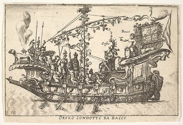 Plate 18: Orpheus led by Bacchus (Orfeo condotto da Bacco), from the series 'The magnificent pageant on the river Arno in Florence for the marriage of the Grand Duke' (Le Magnifique carousel fait sur le fleuve de l'Arne a Florence, pour le mariage du Grand Duc), for the wedding celebration of Cosimo de' Medici in Florence, 1608