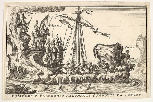 Plate 8: Polyphemus and Palemonius led by Ceres (Polifemo e Palemonio Argonauti condotti da Cerere), with sterncastle in the form of a volcano, from the series 'The magnificent pageant on the river Arno in Florence for the marriage of the Grand Duke' (Le Magnifique carousel fait sur le fleuve de l'Arne a Florence, pour le mariage du Grand Duc), for the wedding celebration of Cosimo de' Medici in Florence, 1608
