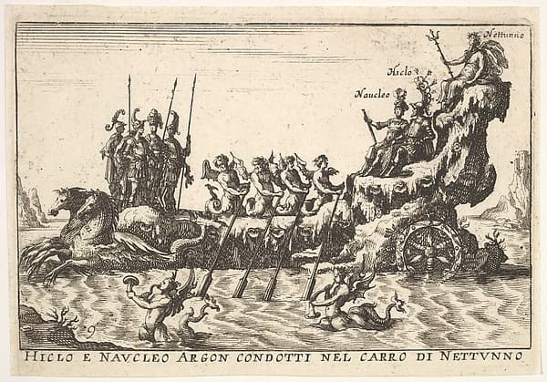 Plate 9: Argonauts Hicleus and Naucleus led in the float of Neptune (Hicleo e Naucleo Argon. condotti nel carro di Nattunno), with male sea creatures blowing horns from the water below, from the series 'The magnificent pageant on the river Arno in Florence for the marriage of the Grand Duke' (Le Magnifique carousel fait sur le fleuve de l'Arne a Florence, pour le mariage du Grand Duc), for the wedding celebration of Cosimo de' Medici in Florence, 1608