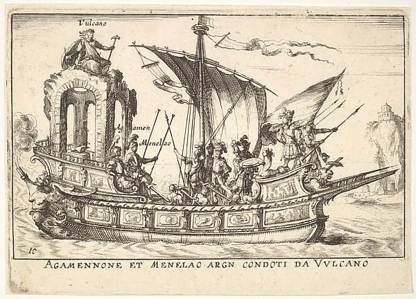 Plate 10: Agamemnon and Menelaus seated in a boat accompanied by other figures including Vulcan (Agamennone et Menelao Argn. condoti da Vulcano), from the series 'The magnificent pageant on the river Arno in Florence for the marriage of the Grand Duke' (Le Magnifique carousel fait sur le fleuve de l'Arne a Florence, pour le mariage du Grand Duc), for the wedding celebration of Cosimo de' Medici in Florence, 1608