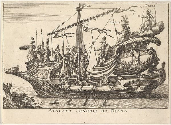 Plate 12: Atalanta led by Diana (Atalata condoti da Diana), accompanied by warriors bearing shields and spears, from the series 'The magnificent pageant on the river Arno in Florence for the marriage of the Grand Duke' (Le Magnifique carousel fait sur le fleuve de l'Arne a Florence, pour le mariage du Grand Duc), for the wedding celebration of Cosimo de' Medici in Florence, 1608