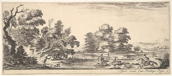 Plate 5: two horsemen in a stream to right, riding towards the left, following four dogs chasing a stag, another dog running into the water from the left, from 'Various landscapes' (Divers paysages)