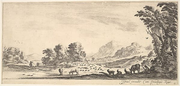 Plate 11: shepherdess seated to the right under a tree, watching her flock to the left, mountains to right in the background, from 'Various landscapes' (Divers paysages)