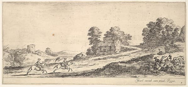 Plate 9: two horsemen at left galloping uphill towards the right, a horse and seated man to right, from 'Various landscapes' (Divers paysages)