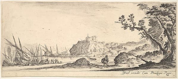 Plate 7: various boats on shore to left, a man carrying a bag, seen from behind and walking towards the background, a fortress in center background, a tree to the right, from 'Various landscapes' (Divers paysages)