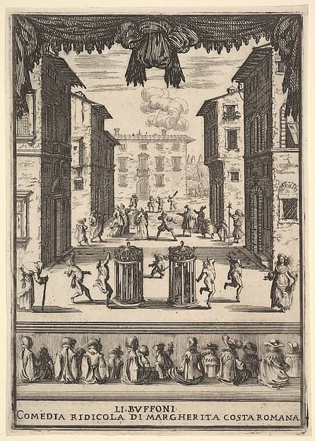 Frontispiece for the comedy 'The Buffoons' (Li Buffoni), a set on stage resembling a public space, various figures dancing around two people in cages in center stage, fifteen spectators below