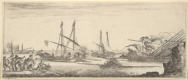 A naval battle, a rowboat full of men to left, a sinking ship to right, two galleys battling in center, other ships battle to left in the background, from 'Various landscapes' (Divers paysages)