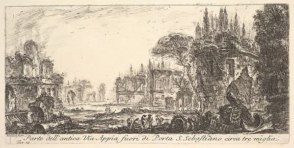 Plate 19: Part of the ancient Appian Way about three miles outside Porta S. Sebastiano, from "Alcune Vedute di Archi Trionfali ed altri monumenti inalzati da Romani parte de quali se veggono in Roma e parte per l'Italia" (Some Views of Triumphal Arches and other monuments erected by the Romans, some of which are in Rome and some elsewhere in Italy)