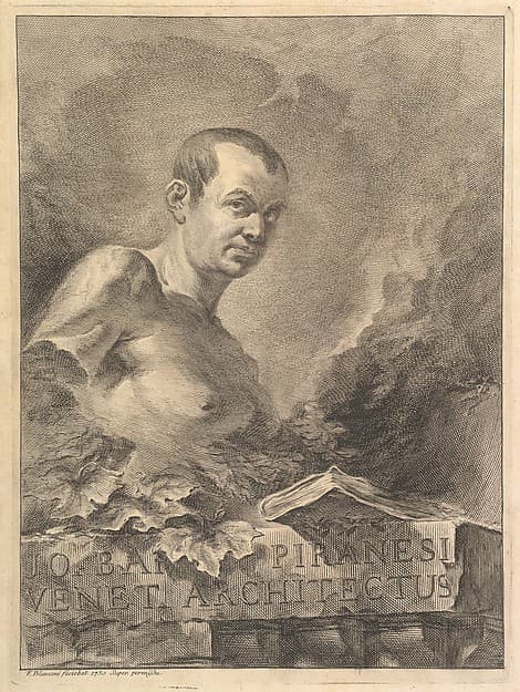 Portrait of G.B. Piranesi in imitation of an antique bust, from "Opere varie di Architettura, prospetive, grotteschi, antichità; inventate, ed incise da Giambattista Piranesi Architetto Veneziano" (Various Works of Architecture, perspectives, grotesques, and antiquities, designed and etched by Giambattista Piranesi, Venetian Architect)