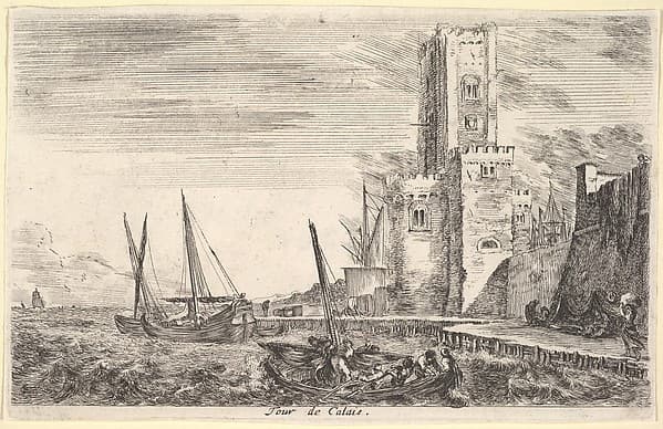 Tower of Calais (Tour de Calais), tower to right, two ships in the sea to left and in center, from 'Views of seaports' (Vues de ports de mar)