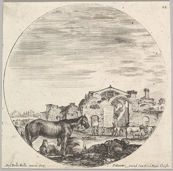 Plate 12: a shepherd sleeping on the ground to right, three horses to left, other horses and various figures to right, the Baths of Diocletian in the background, a round composition, from 'Roman landscapes and ruins' (Paysages et ruines de Rome)