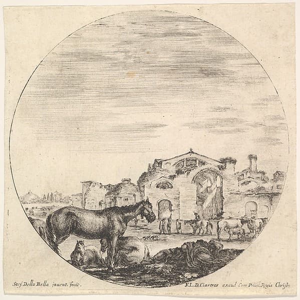 Plate 12: a shepherd sleeping on the ground to right, three horses to left, other horses and various figures to right, the Baths of Diocletian in the background, a round composition, from 'Roman landscapes and ruins' (Paysages et ruines de Rome)