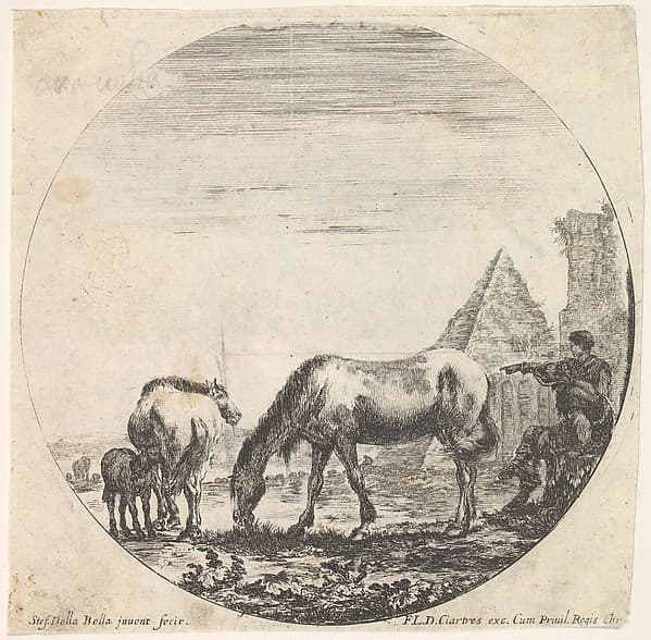Plate 11: the pyramid of Caius Cestius to right in the background, a horse grazing in center, a foal suckling a mare to left, a seated shepherd and another standing and pointing towards the left at right, a round composition, from 'Roman landscapes and ruins' (Paysages et ruines de Rome)