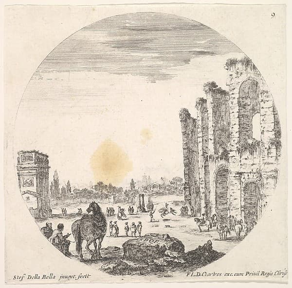 Plate 9: the Arch of Constantine to left, seen from the side, part of the Colosseum to right, various horses and figures in foreground and background, a round composition, from 'Roman landscapes and ruins' (Paysages et ruines de Rome)