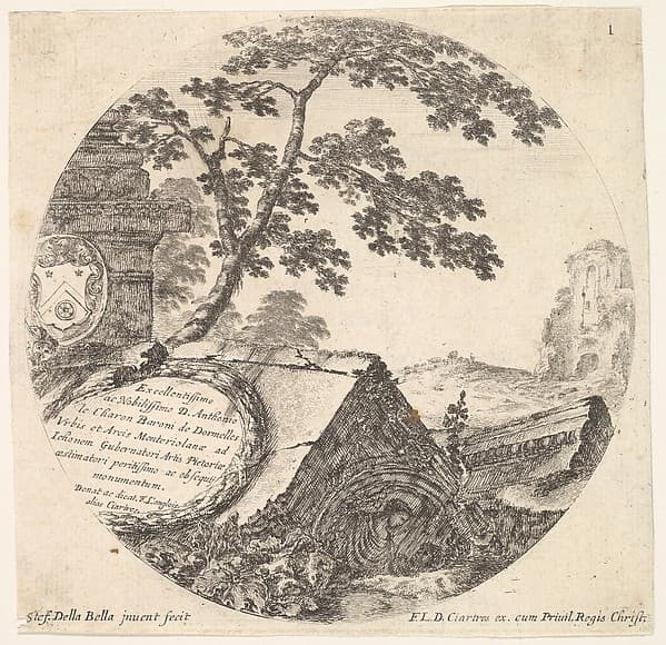 Plate 1: various fragments of ancient monuments, a round composition, from 'Roman landscapes and ruins' (Paysages et ruines de Rome)