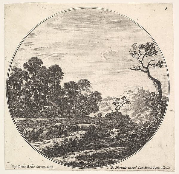 Plate 6: cows crossing a valley to left, a group of trees to left, a horseman and other cows in the background, a round composition, from 'Roman landscapes and ruins' (Paysages et ruines de Rome)