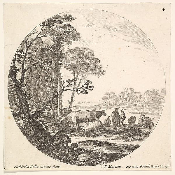 Plate 4: a Corinthian capital on the ground to left in the foreground, a monument with figures in low relief to left in the middleground, various animals and two shepherds to right, a round composition, from 'Roman landscapes and ruins' (Paysages et ruines de Rome)