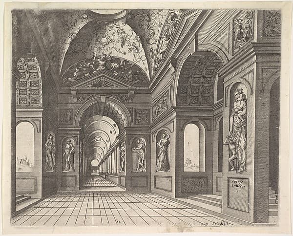 Perspective view of the interior of a hall, with cross-vault decorated with grotesques, plate 18, from Scenographiae sive Perspectivae