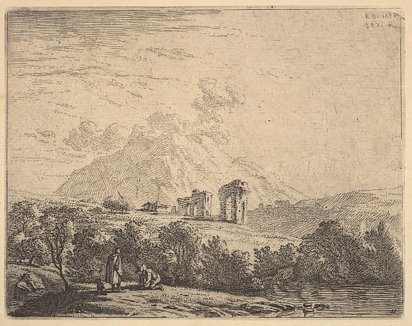 View of hillside with ruins (an aqueduct?) and mountain crag beyond, in the foreground a man kneels on the grass beside a standing man and a dog
