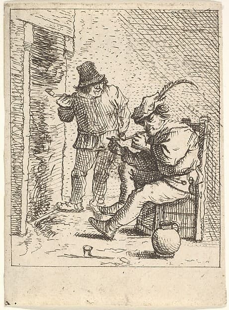 Two male peasants holding pipes before a fireplace, one seated with the pipe held to his mouth, to his left the other stands with the pipe in his right hand, after a series of four prints of peasants by David Teniers the Younger