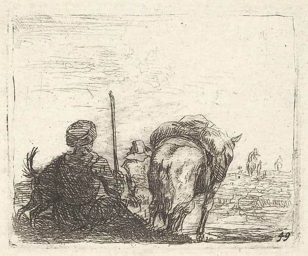 Pack-horse, seated man with staff in right hand, and dog, all viewed from the rear, from the series 'The Small Landscapes'