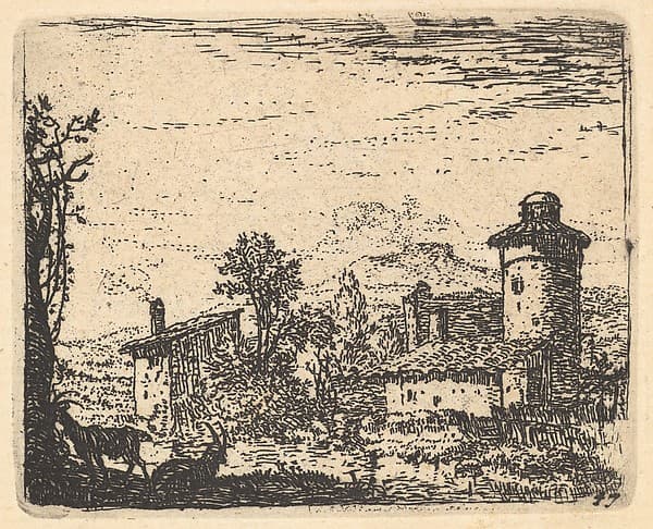 Landscape with two horned goats in shadow at left foreground, village buildings beyond, from the series 'The Small Landscapes'