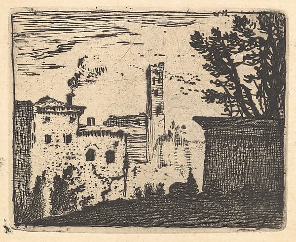 Townscape with wall and foliage in shadow in right foreground, buildings with smoking chimney and square tower beyond, from the series 'The Small Landscapes'