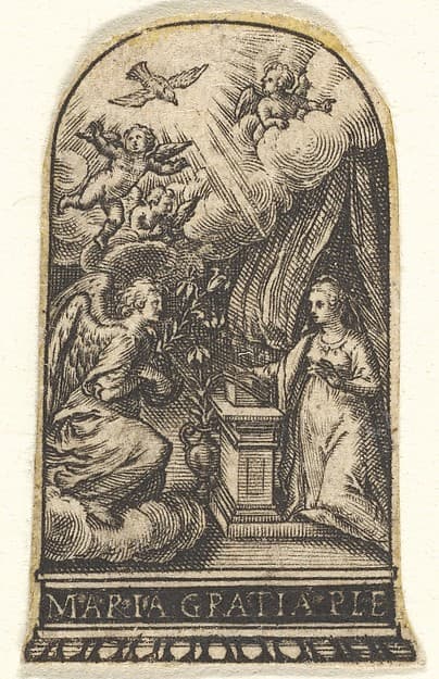 Annunciation, Mary kneels at a lectern as Gabriel approaches on a cloud from the left, with the dove of the Holy Spirit above, trimmed from an engraving showing decorations for thimbles