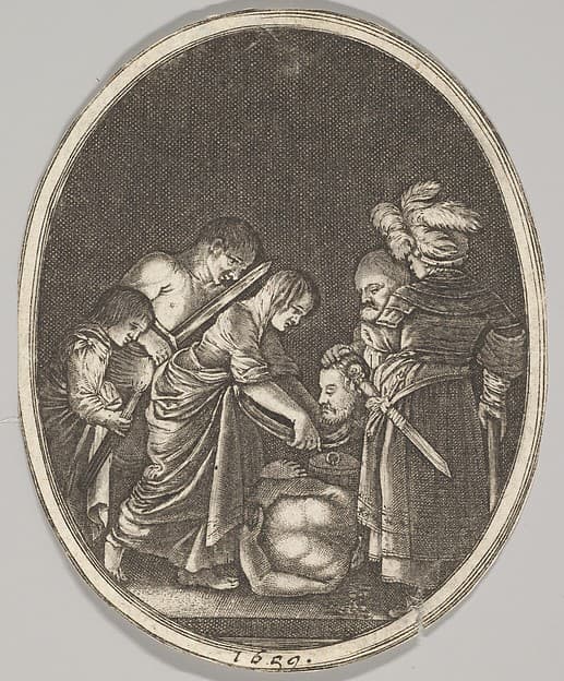 Salome receiving the head of John the Baptist, surrounded by three men and a child bearing a torch, the Baptist's body lies on the ground, an oval composition